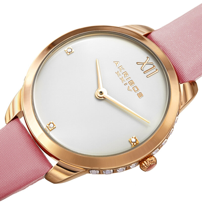 Akribos XXIV Gold Tone Case on Pink Satin Strap, with a White Dial and Gold Hands, with Square Swarovski Crystals on the Case Side