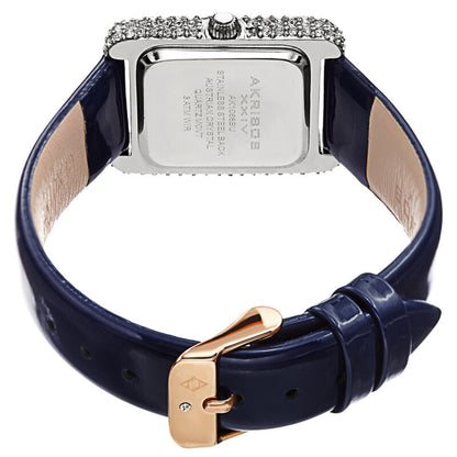 Akribos XXIV Swarovski Crystal Studded Silver Tone Tank-Shaped Case, Blue Patent Leather Strap, White Dial and Black Matte Applied Markers