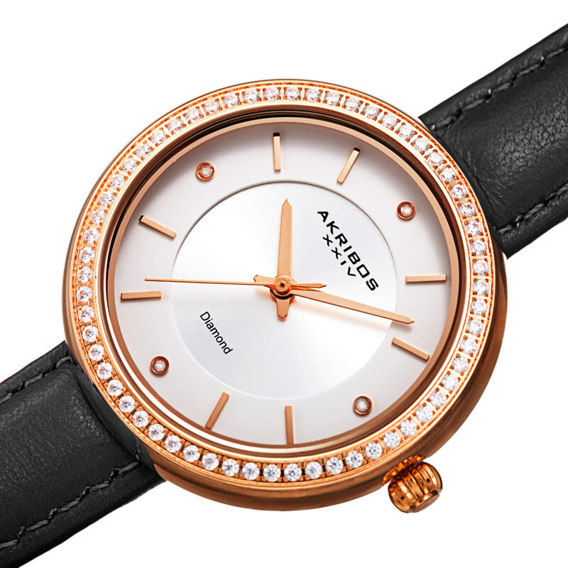 Akribos XXIV Rose Gold Tone Ion Plated Case on Black Leather Strap, Silver Dial with Rose Gold Tone Hands