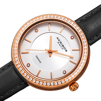 Akribos XXIV Rose Gold Tone Ion Plated Case on Black Leather Strap, Silver Dial with Rose Gold Tone Hands