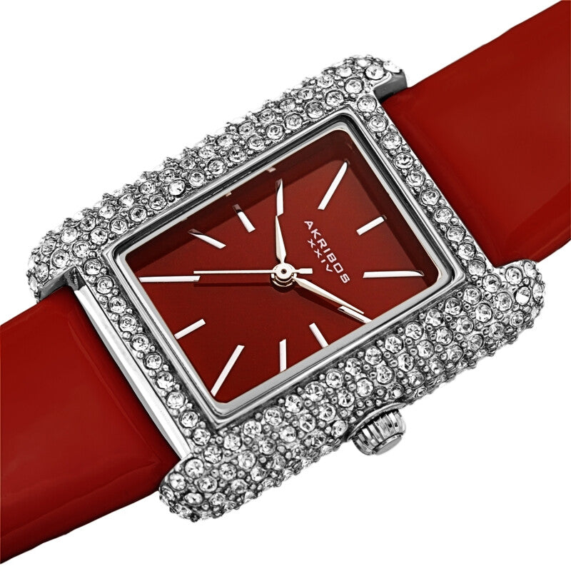 Akribos XXIV Swarovski Crystal Studded Silver Tank Shaped Case, Red Patent Leather Strap, Red Dial and Silver Tone Applied Markers