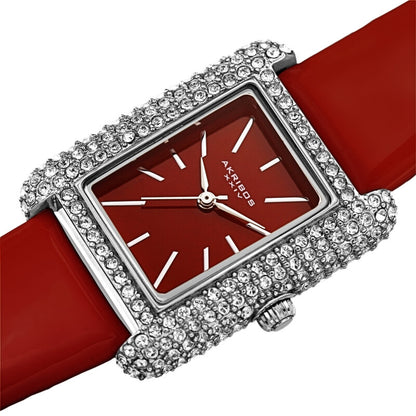 Akribos XXIV Swarovski Crystal Studded Silver Tank Shaped Case, Red Patent Leather Strap, Red Dial and Silver Tone Applied Markers