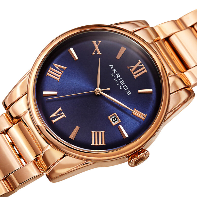 Akribos XXIV Ion Plated Rose Gold Tone Case and Rose Gold Tone Band with a Blue Curved Edge Vintage Dial