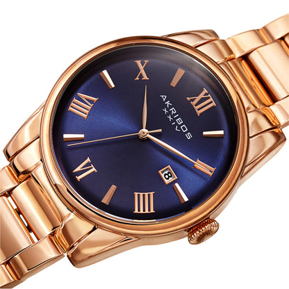 Akribos XXIV Ion Plated Rose Gold Tone Case and Rose Gold Tone Band with a Blue Curved Edge Vintage Dial