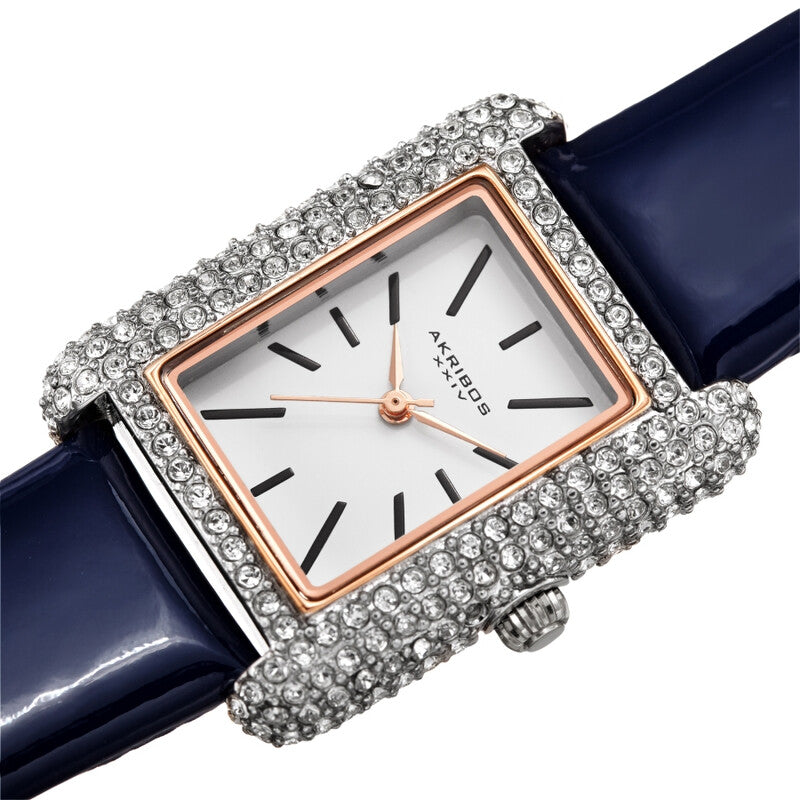 Akribos XXIV Swarovski Crystal Studded Silver Tone Tank-Shaped Case, Blue Patent Leather Strap, White Dial and Black Matte Applied Markers