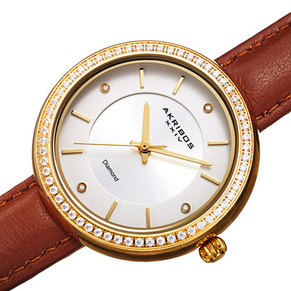 Akribos XXIV Gold Tone Ion Plated Case on Tan Brown Leather Strap, White Dial with Gold Tone Hands