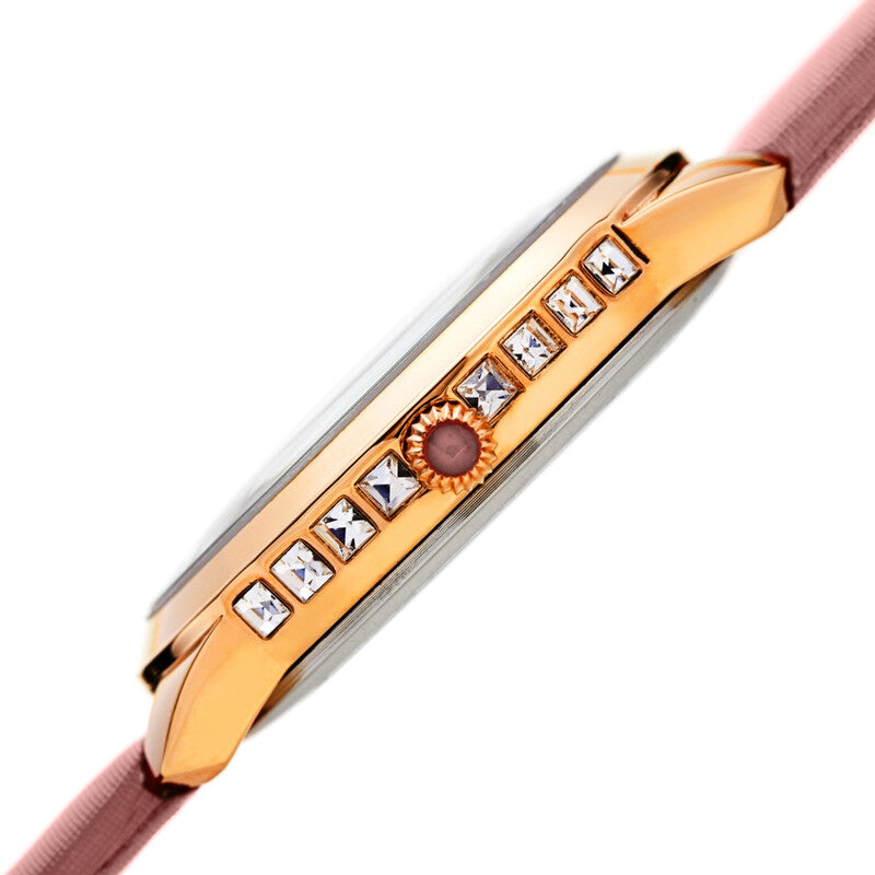 Akribos XXIV Gold Tone Case on Pink Satin Strap, with a White Dial and Gold Hands, with Square Swarovski Crystals on the Case Side