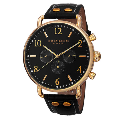 Akribos XXIV Yellow Gold Flashed Alloy Case on Black with White Stitching Strap, Black Dial with Gold Tone Hands