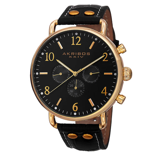 Akribos XXIV Yellow Gold Flashed Alloy Case on Black with White Stitching Strap, Black Dial with Gold Tone Hands
