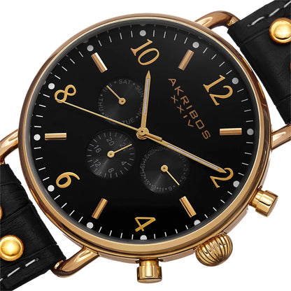 Akribos XXIV Yellow Gold Flashed Alloy Case on Black with White Stitching Strap, Black Dial with Gold Tone Hands