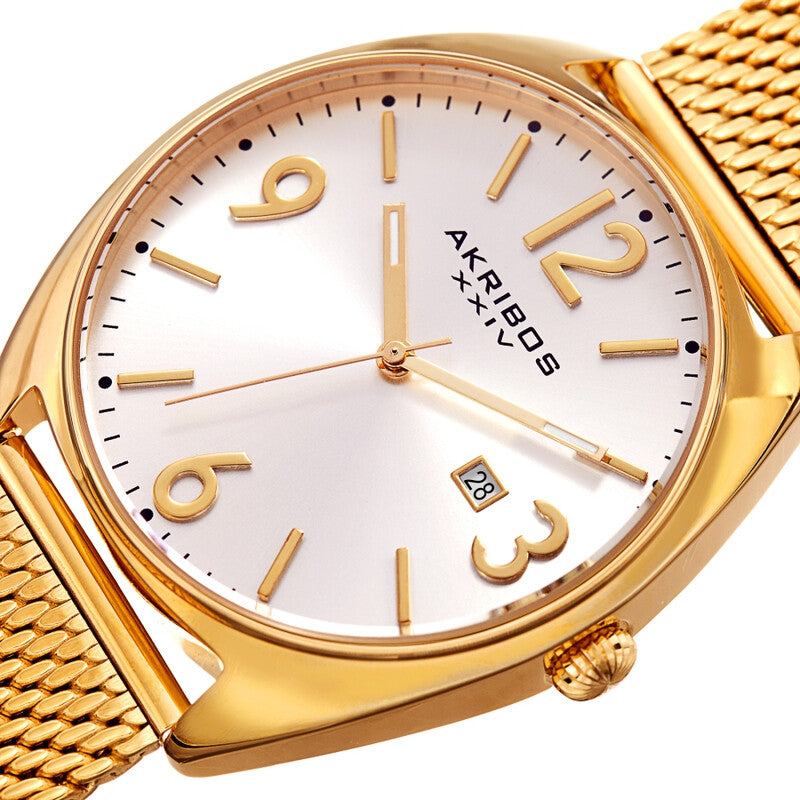 Akribos XXIV Gold Tone Case on Gold Tone Mesh Bracelet, Silver Dial with Gold Hands