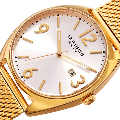 Akribos XXIV Gold Tone Case on Gold Tone Mesh Bracelet, Silver Dial with Gold Hands