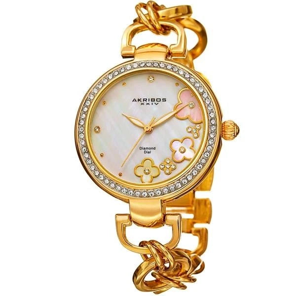 Akribos XXIV Gold Tone Case on Yellow Gold Bracelet, Cream Mother of Pearl Dial with Gold Tone Hands