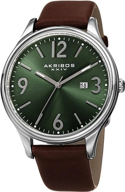 Akribos XXIV Silver Tone Case on Brown Strap, Green Dial with Silver Tone Hands