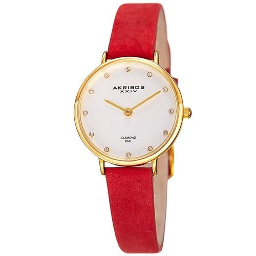 Akribos XXIV Gold Tone Case on Red Strap, Silver Dial with Gold Tone Hands