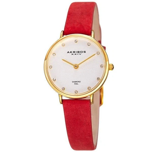 Akribos XXIV Gold Tone Case on Red Strap, Silver Dial with Gold Tone Hands