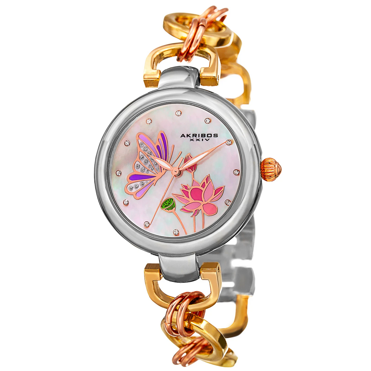 Akribos XXIV Two Tone Case on Two Tone Bracelet, White Mother of Pearl Dial with Rose Gold Tone Hands