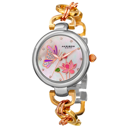 Akribos XXIV Two Tone Case on Two Tone Bracelet, White Mother of Pearl Dial with Rose Gold Tone Hands