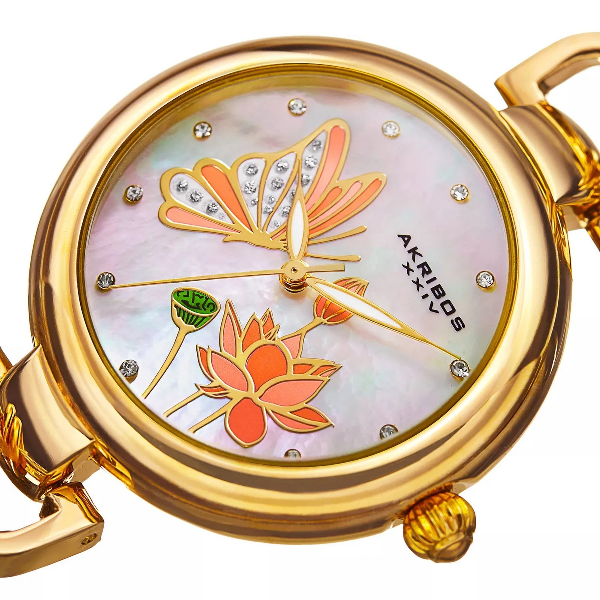 Akribos XXIV Gold Tone Case on Gold Tone Chain Style Bracelet, White Mother of Pearl Dial with Gold Tone Hands