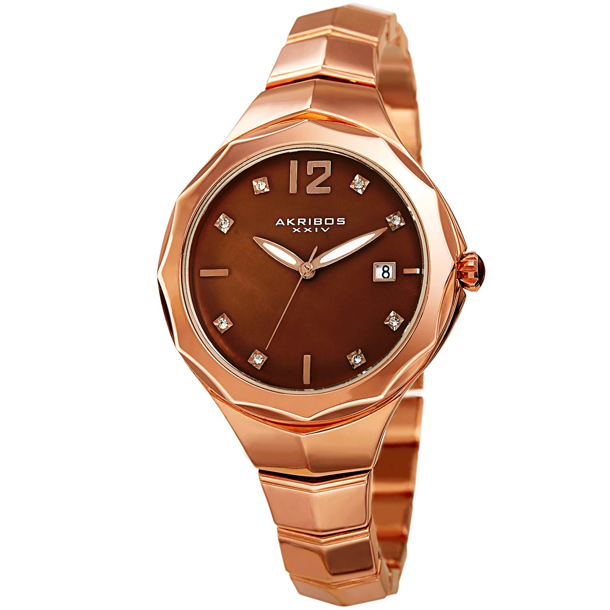 Akribos XXIV Rose Gold Tone Case on Rose Gold Tone Bracelet, Brown Dial with Rose Gold Tone Hands