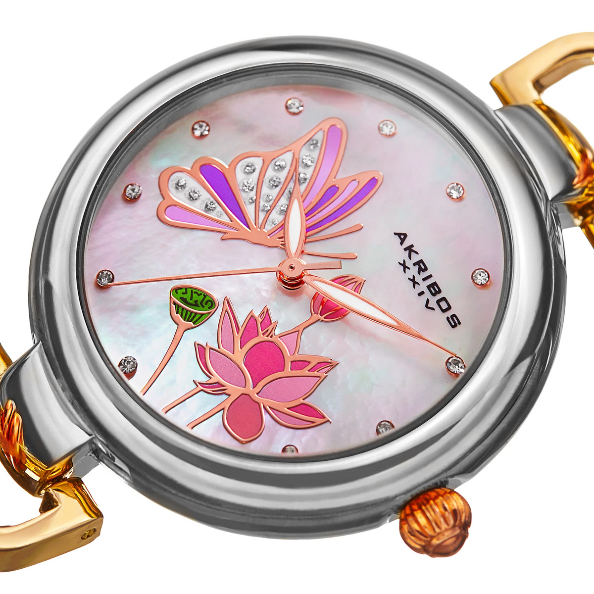 Akribos XXIV Two Tone Case on Two Tone Bracelet, White Mother of Pearl Dial with Rose Gold Tone Hands