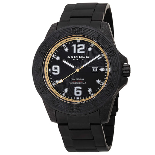 Akribos XXIV Black Ion Plated Carbon Fiber Case on Black Bracelet, Black and Tan Dial with Silver Tone Hands