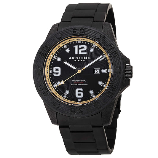 Akribos XXIV Black Ion Plated Carbon Fiber Case on Black Bracelet, Black and Tan Dial with Silver Tone Hands