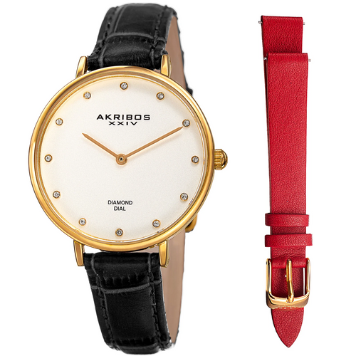 Akribos XXIV Gold Tone Case on Black Strap, Silver Dial with Gold Tone Hands