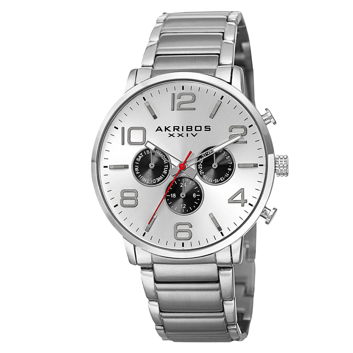 Akribos XXIV Silver Ion Plated Alloy Case on Silver Bracelet, Silver Dial with Silver Tone Hands