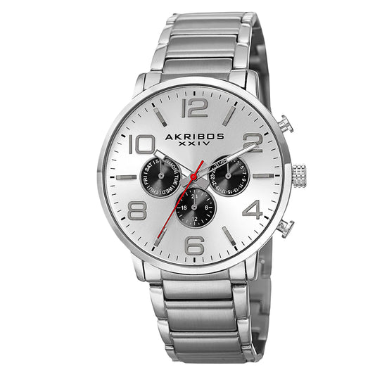 Akribos XXIV Silver Ion Plated Alloy Case on Silver Bracelet, Silver Dial with Silver Tone Hands