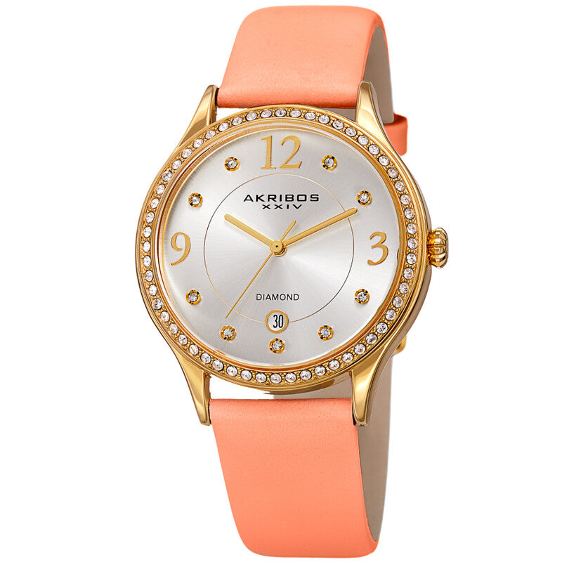 Akribos XXIV Gold Ion Plated Alloy Case on Pink Genuine Leather Strap, Silver Dial with Gold Hands