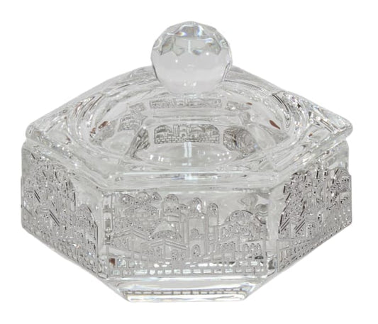 Hexagonal Jerusalem Skyline crystal candy dish with lid on a white background - AFH Bargains