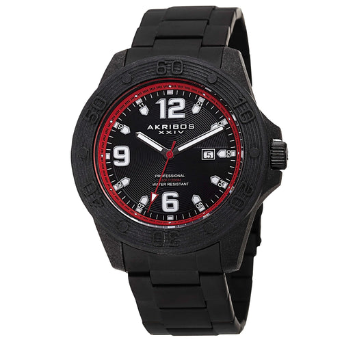 Akribos XXIV Black Ion Plated Carbon Fiber Case on Black Bracelet, Black and Red Dial with Silver Tone Hands
