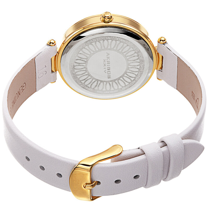 Akribos XXIV Ion Plated Gold Tone Case with Diamond on Circular Pattern MOP Dial, on a White Leather Strap