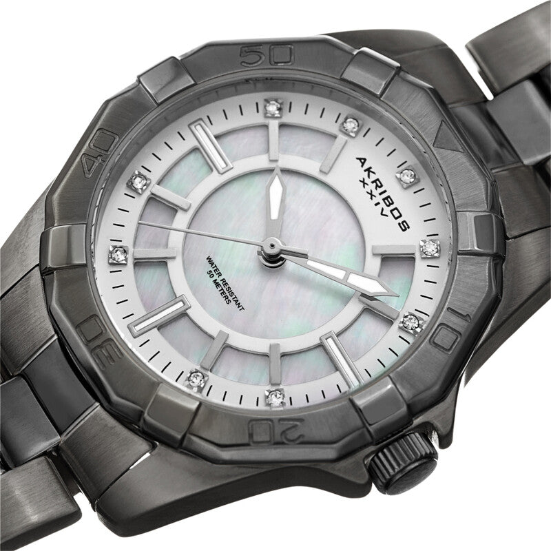 Akribos XXIV Silver and Gun Ion Plated Stainless Steel Case on Gun/Silver Bracelet, White Mother Of Pearl Dial with Silver Hands
