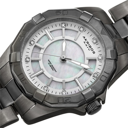 Akribos XXIV Silver and Gun Ion Plated Stainless Steel Case on Gun/Silver Bracelet, White Mother Of Pearl Dial with Silver Hands