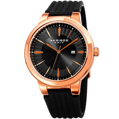 Akribos XXIV Rose Gold Ion Plated Alloy Case on Black Silicon Strap, Black Dial with Rose Gold Hands