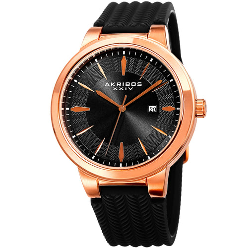 Akribos XXIV Rose Gold Ion Plated Alloy Case on Black Silicon Strap, Black Dial with Rose Gold Hands