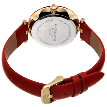 Akribos XXIV Ion Plated Gold Tone Case with Tortoise Shell Bezel, Red Dial and Leather Strap, with Swarovski Crystal Markers