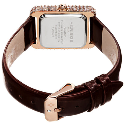 Akribos XXIV Swarovski Crystal Studded Rose Gold Tone Tank-Shaped Case, Brown Patent Leather Strap, White Dial and Rose Gold Tone Applied Markers