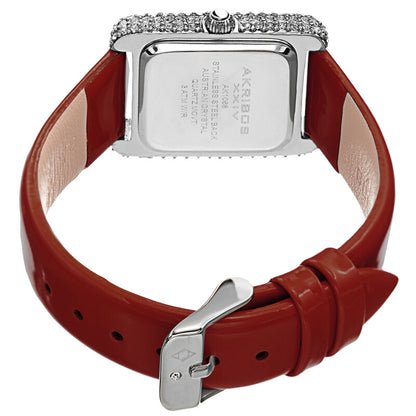 Akribos XXIV Swarovski Crystal Studded Silver Tank Shaped Case, Red Patent Leather Strap, Red Dial and Silver Tone Applied Markers