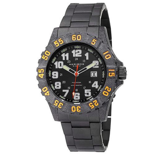 Akribos XXIV Black Carbon Fiber Case on Black Bracelet, Black Dial with Silver Tone Hands