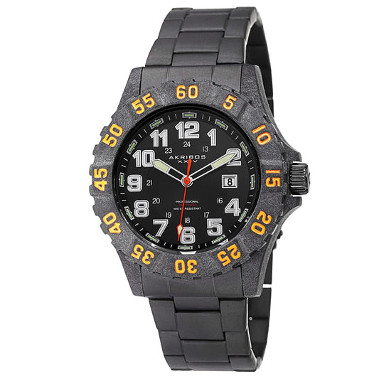 Akribos XXIV Black Carbon Fiber Case on Black Bracelet, Black Dial with Silver Tone Hands