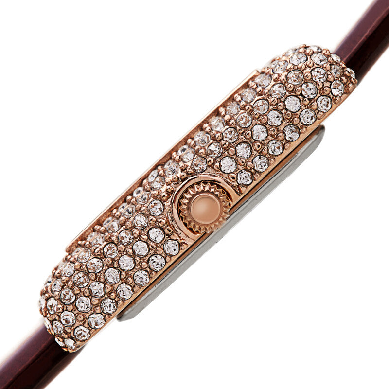 Akribos XXIV Swarovski Crystal Studded Rose Gold Tone Tank-Shaped Case, Brown Patent Leather Strap, White Dial and Rose Gold Tone Applied Markers