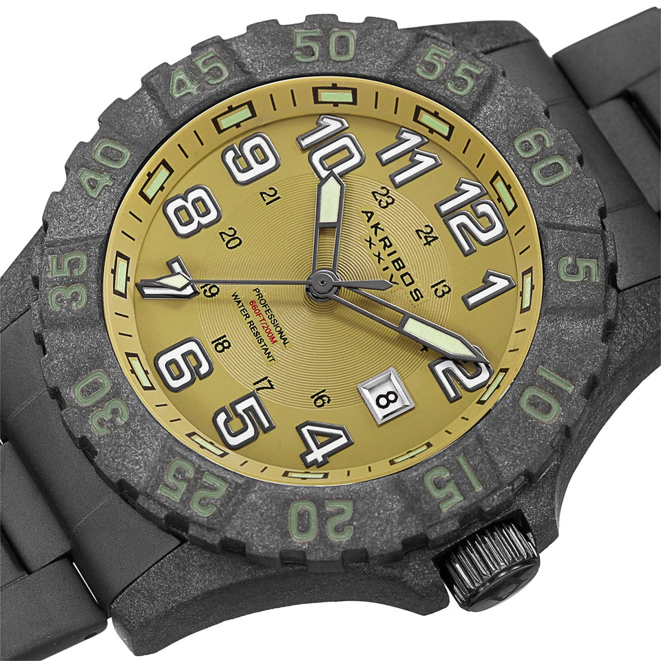 Akribos XXIV Black Carbon Fiber Case on Black Bracelet, Olive Green Dial with Silver Tone Hands