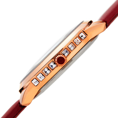 Akribos XXIV Rose Gold Tone Case on Red Satin Strap, with a Red Dial and Rose Gold Hands, with Square Swarovski Crystals on the Case Side