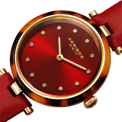Akribos XXIV Ion Plated Gold Tone Case with Tortoise Shell Bezel, Red Dial and Leather Strap, with Swarovski Crystal Markers