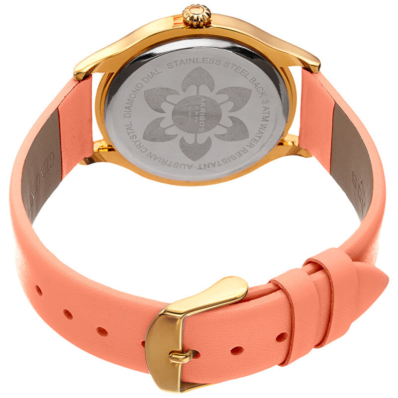 Akribos XXIV Gold Ion Plated Alloy Case on Pink Genuine Leather Strap, Silver Dial with Gold Hands