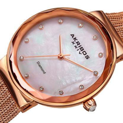 Akribos XXIV Rose Gold Ion Plated Alloy Case on Rose Gold Mesh Band, Mother Of Pearl Dial with Rose Gold Hands