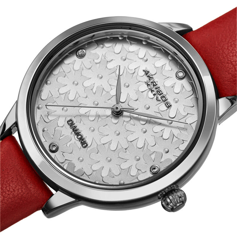 Akribos XXIV Silver Tone Case with Black Silver Embossed Dial with Diamonds, on a Red Leather Strap